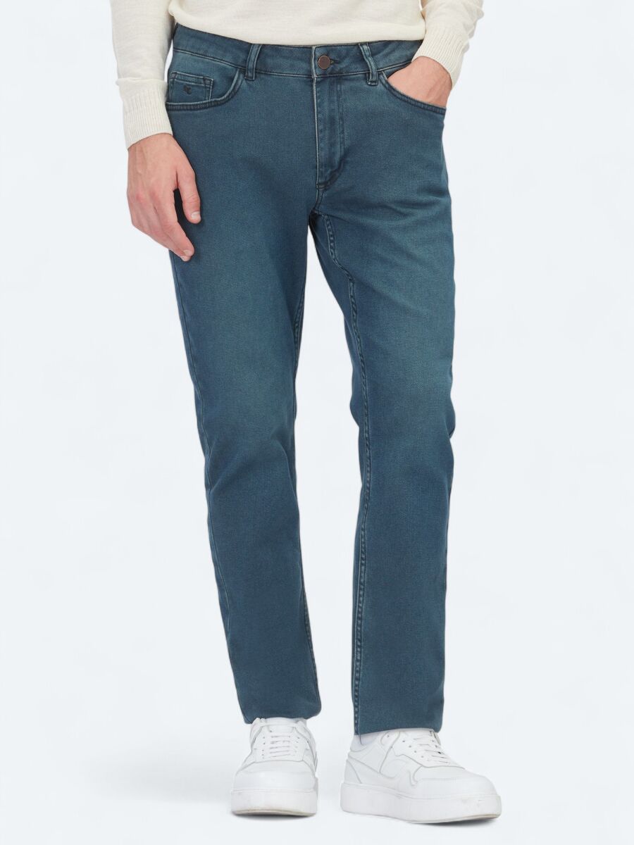 Petrol Blue Slim Fit Denim Cotton Blended Trousers - 2