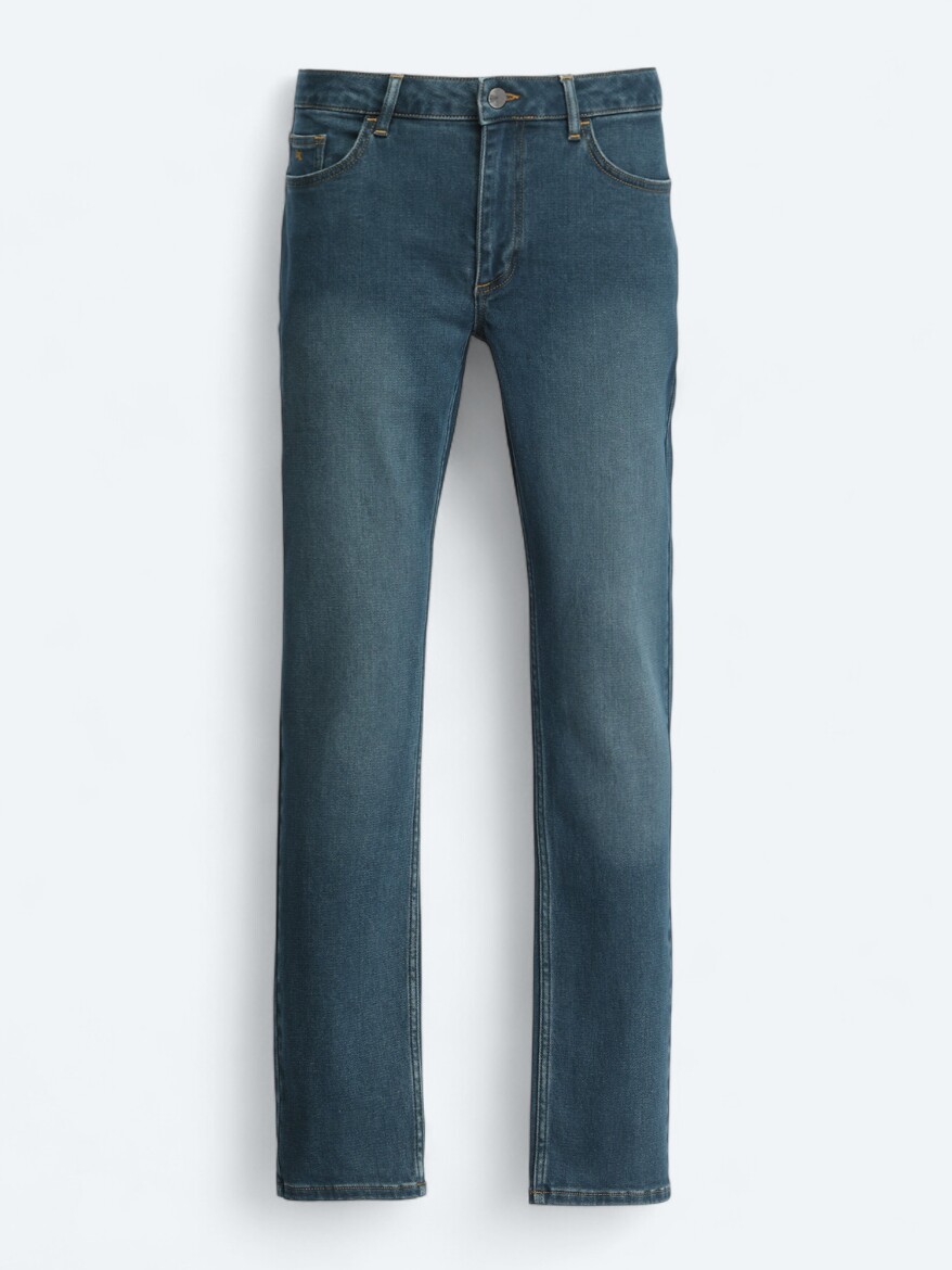 Petrol Blue Slim Fit Denim Cotton Blended Trousers - 6