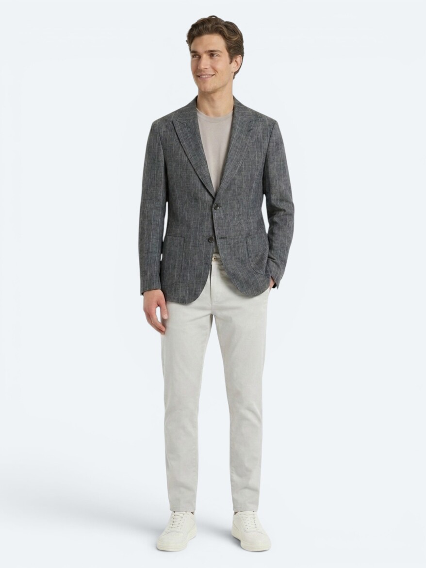 Petrol Blue Striped Modern Fit Linen Blended Jacket - KİP
