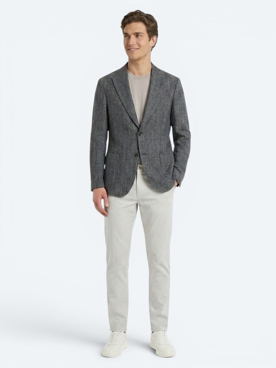 Petrol Blue Striped Modern Fit Linen Blended Jacket - 2