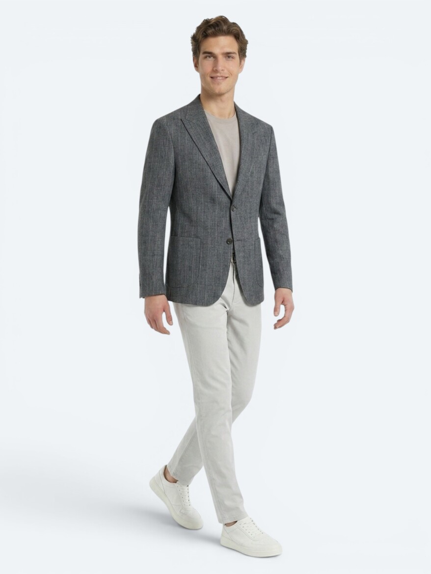 Petrol Blue Striped Modern Fit Linen Blended Jacket - 3