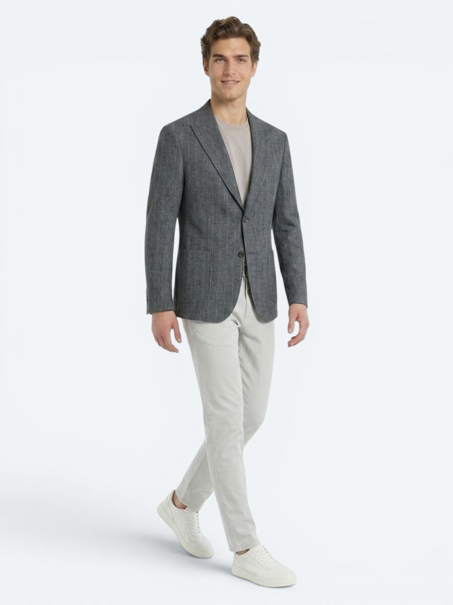 Petrol Blue Striped Modern Fit Linen Blended Jacket - 3