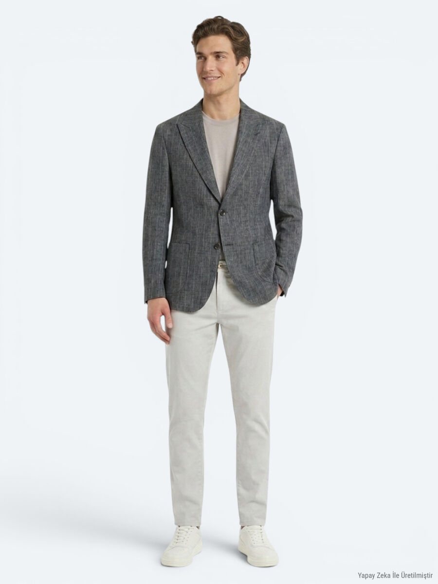 Petrol Blue Striped Modern Fit Linen Blended Jacket - 2