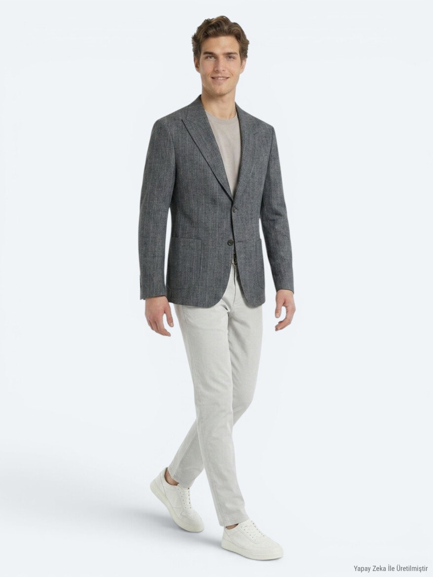 Petrol Blue Striped Modern Fit Linen Blended Jacket - 3