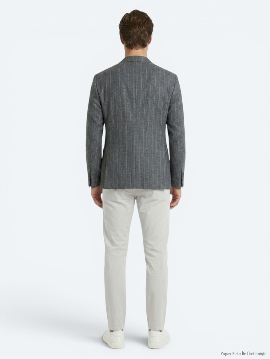 Petrol Blue Striped Modern Fit Linen Blended Jacket - 5