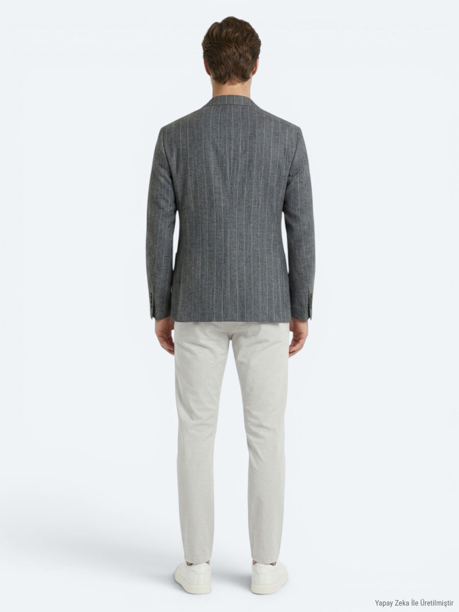 Petrol Blue Striped Modern Fit Linen Blended Jacket - 5