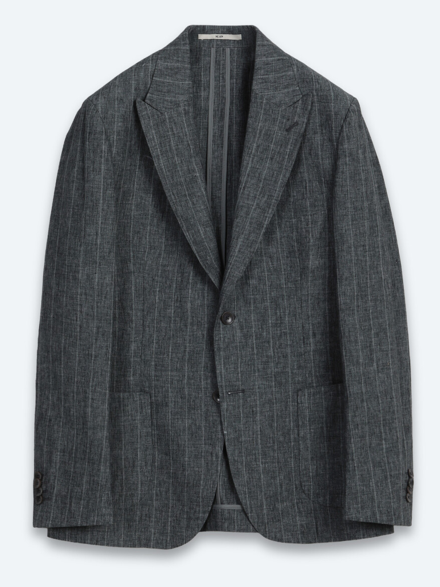 Petrol Blue Striped Modern Fit Linen Blended Jacket - 6