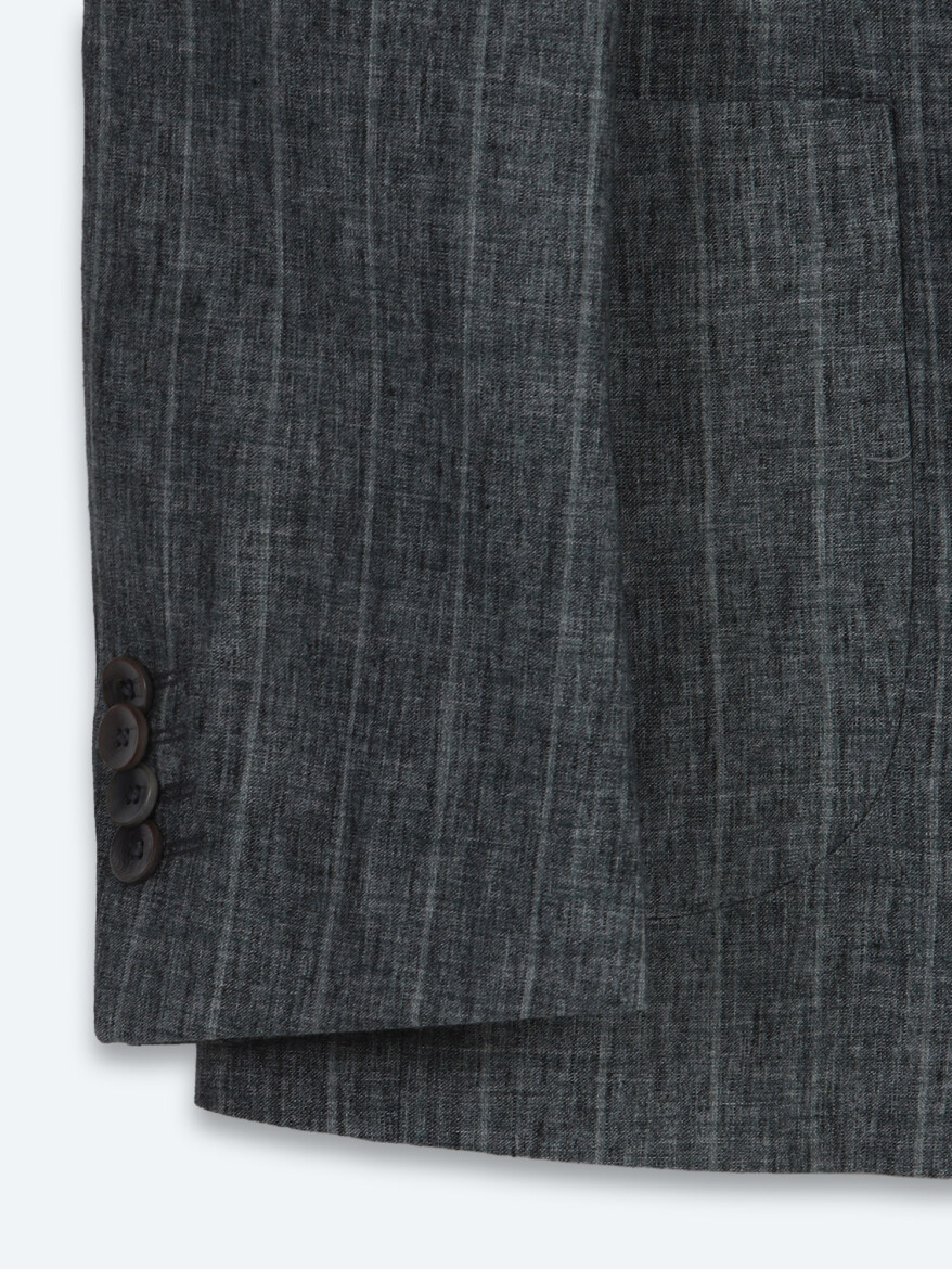 Petrol Blue Striped Modern Fit Linen Blended Jacket - 8