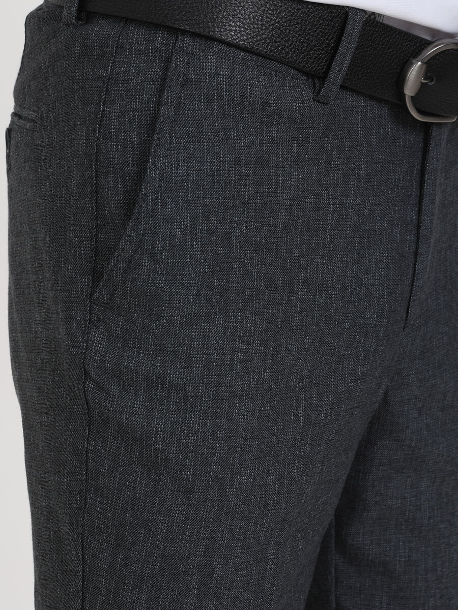 Petrol Blue Weaving Fitted Fit Smart Casual Cotton Blended Trousers - 3