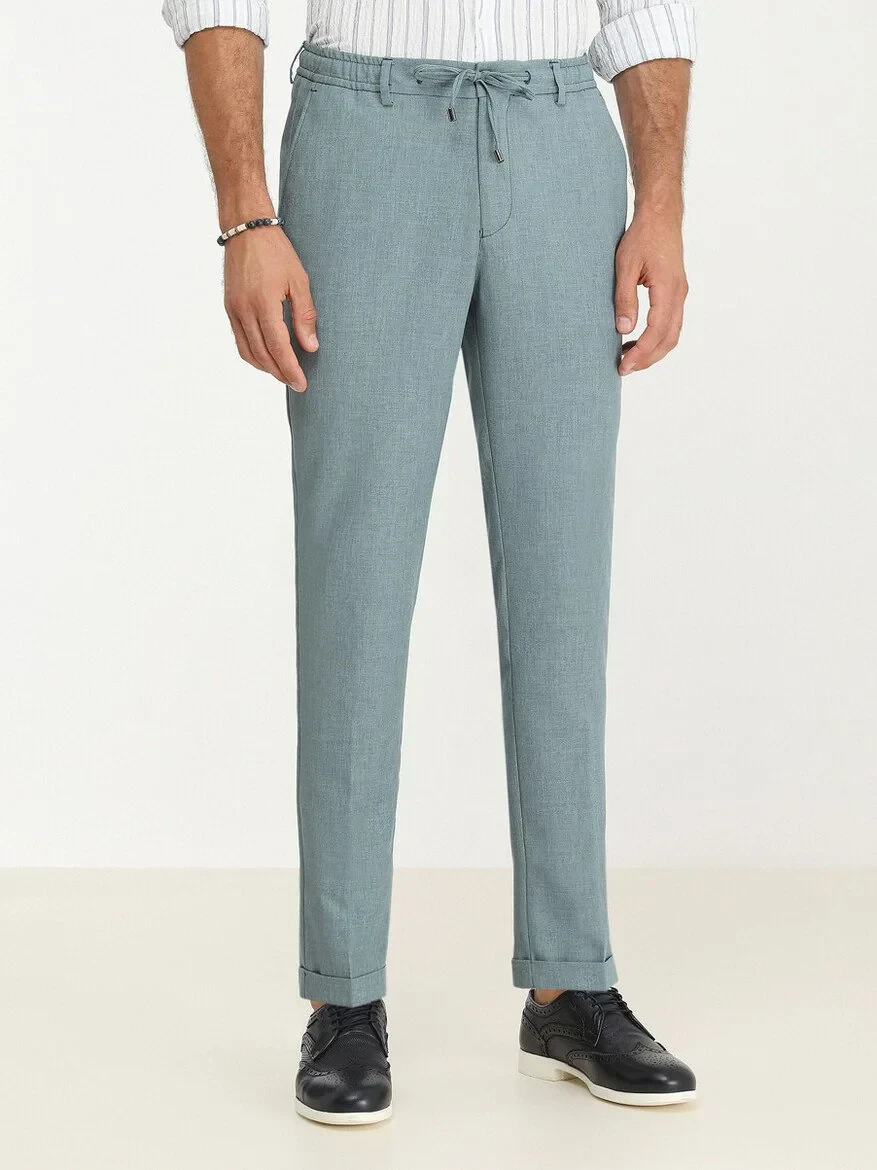 Petrol Blue Weaving Jogging Fit Casual Trousers - 1