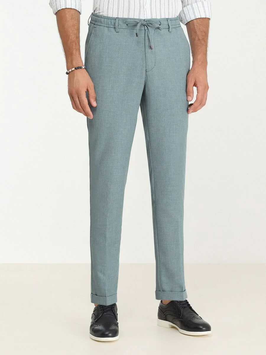 Petrol Blue Weaving Jogging Fit Casual Trousers - 1
