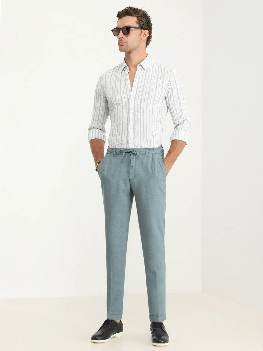 Petrol Blue Weaving Jogging Fit Casual Trousers - 2