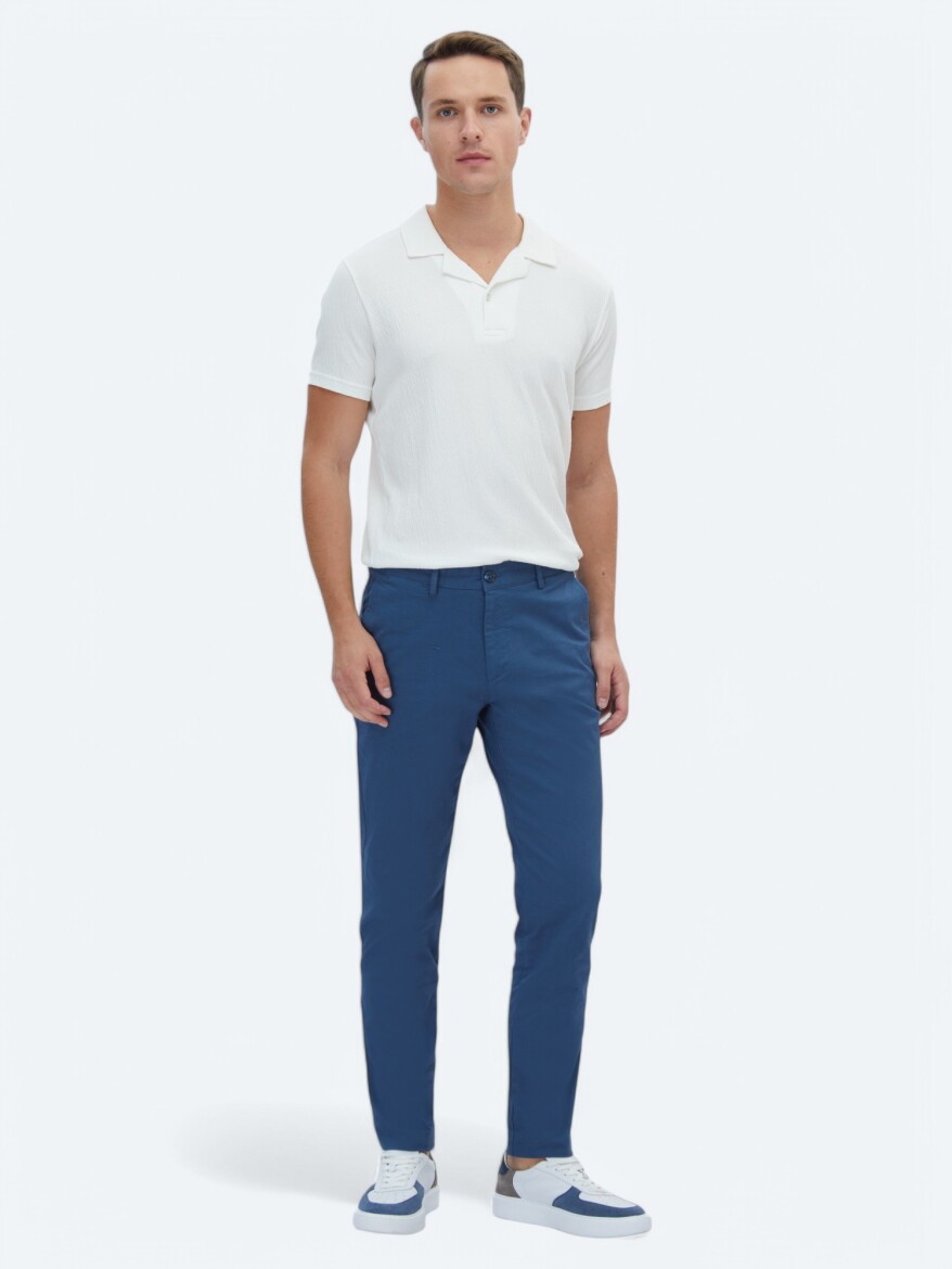 Petrol Blue Weaving Regular Fit Casual Cotton Blended Trousers 
