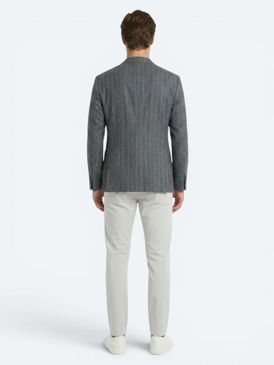 Petrol Çizgili Modern Fit Keten Karışımlı Ceket - 5