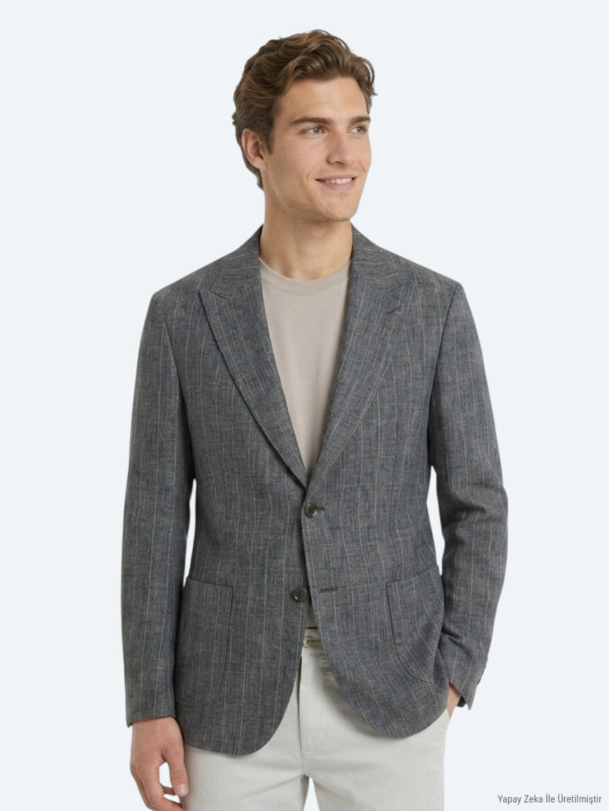 Petrol Çizgili Modern Fit Keten Karışımlı Ceket - KİP