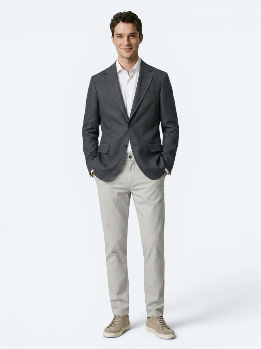 Petrol Düz Modern Fit Keten Karışımlı Ceket - 2