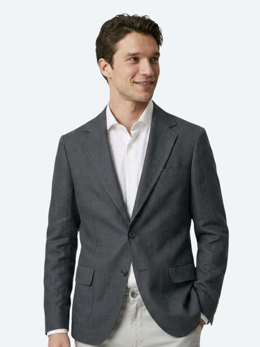 Petrol Düz Modern Fit Keten Karışımlı Ceket - 4