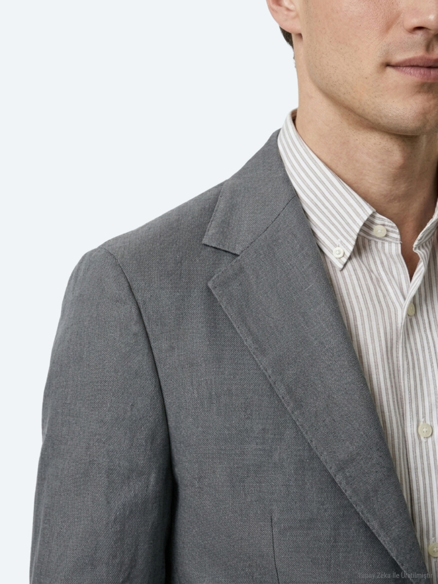 Petrol Düz Modern Fit Keten Karışımlı Ceket - 4