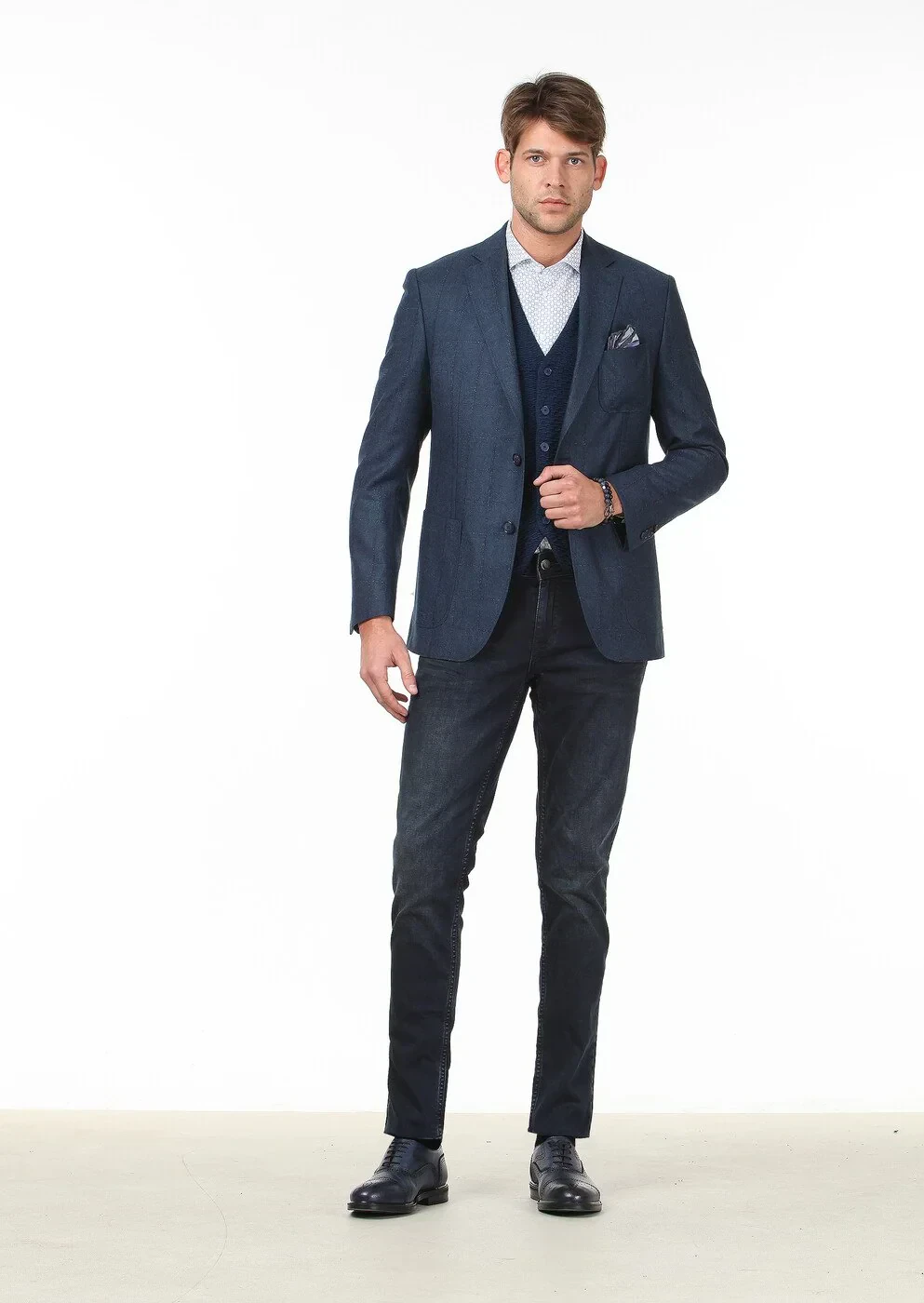 Petrol Kareli Modern Fit %100 Yün Ceket - 2