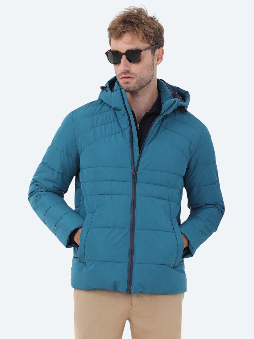 Petrol Regular Fit Kapüşonlu Casual Dokuma Mont - 4