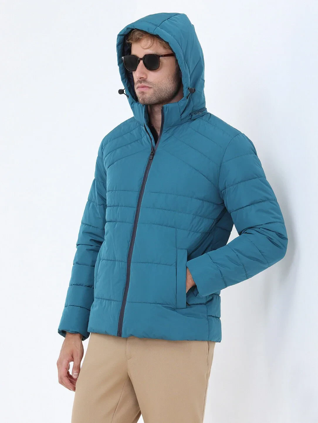 Petrol Regular Fit Kapüşonlu Casual Dokuma Mont - 1