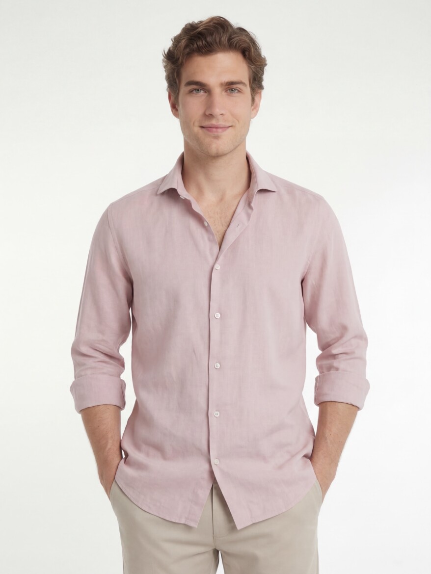 Pink Plain Regular Fit Long Weaving Casual Cotton Blended Shirt 