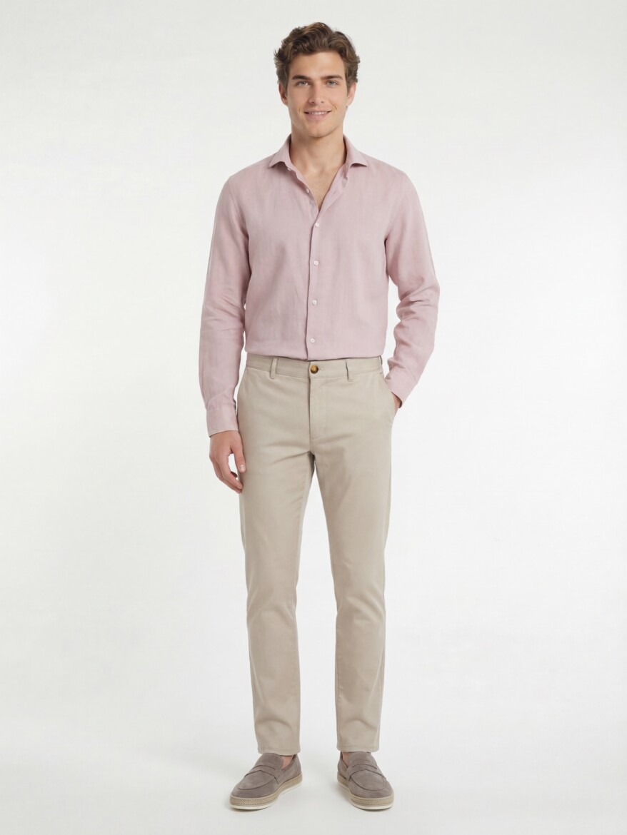 Pink Plain Regular Fit Long Weaving Casual Cotton Blended Shirt - 4