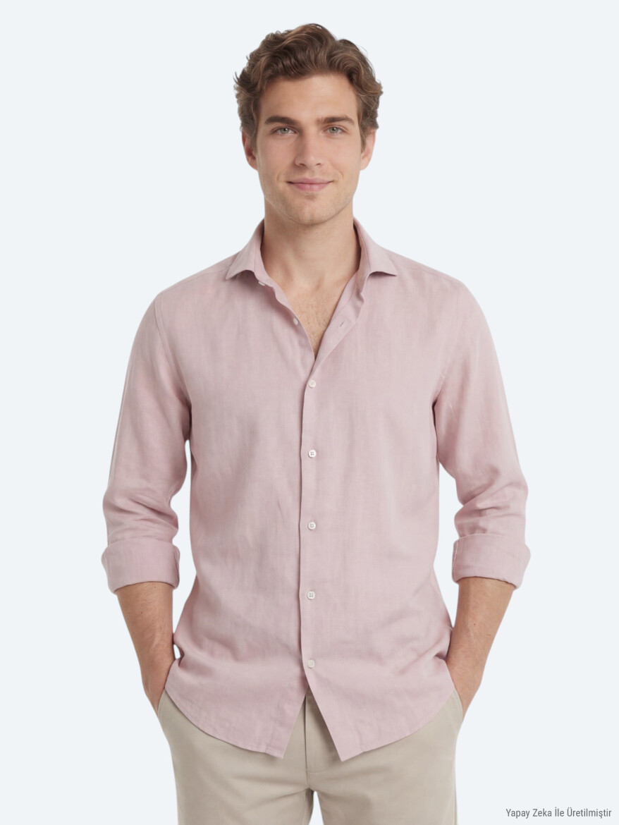 Pink Plain Regular Fit Long Weaving Casual Cotton Blended Shirt 