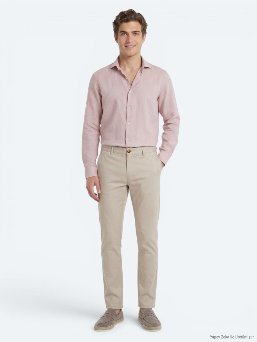 Pink Plain Regular Fit Long Weaving Casual Cotton Blended Shirt - 4