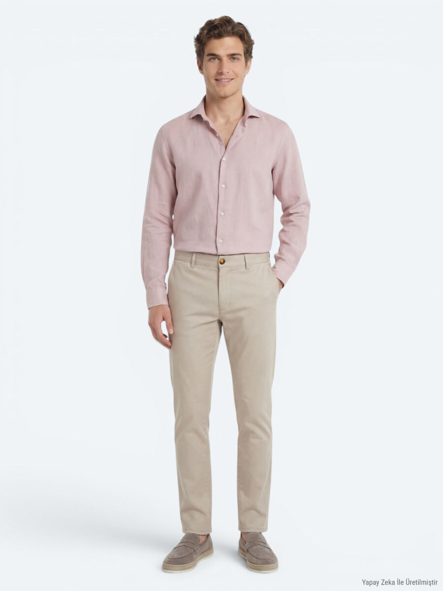 Pink Plain Regular Fit Long Weaving Casual Cotton Blended Shirt - 4