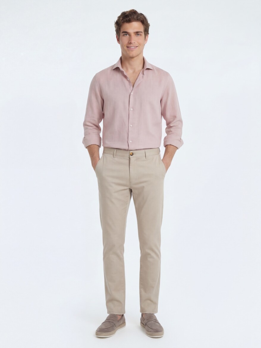 Pink Plain Regular Fit Weaving Casual Cotton Blended Shirt - 2