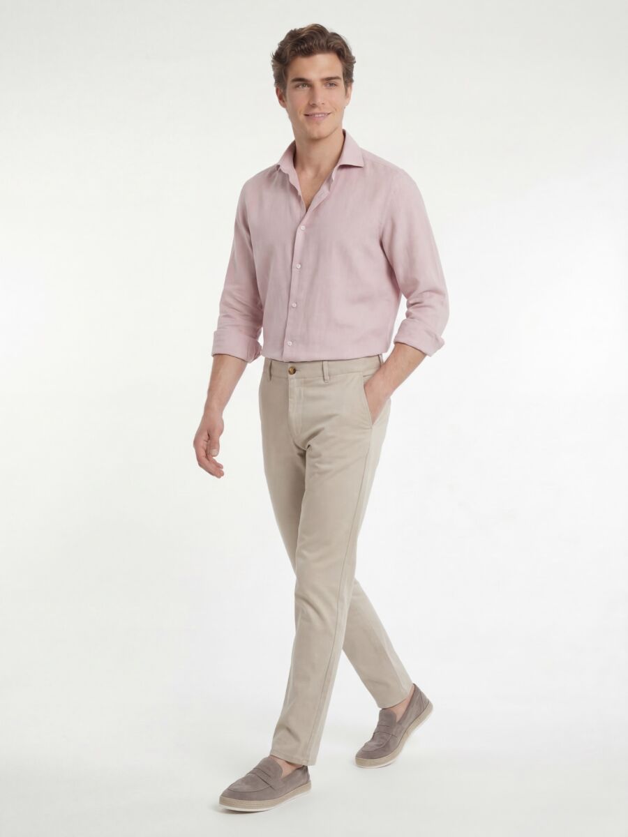Pink Plain Regular Fit Weaving Casual Cotton Blended Shirt - 3