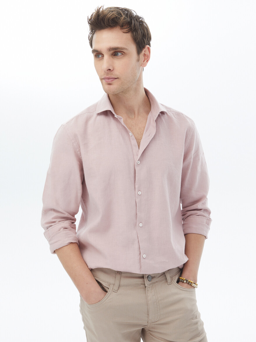 Pink Plain Regular Fit Weaving Casual Cotton Blended Shirt - 2