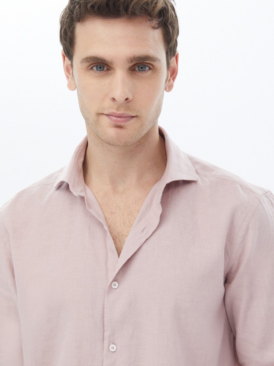 Pink Plain Regular Fit Weaving Casual Cotton Blended Shirt - 3