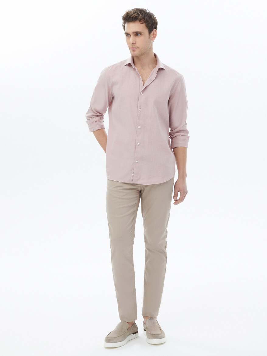 Pink Plain Regular Fit Weaving Casual Cotton Blended Shirt - 5