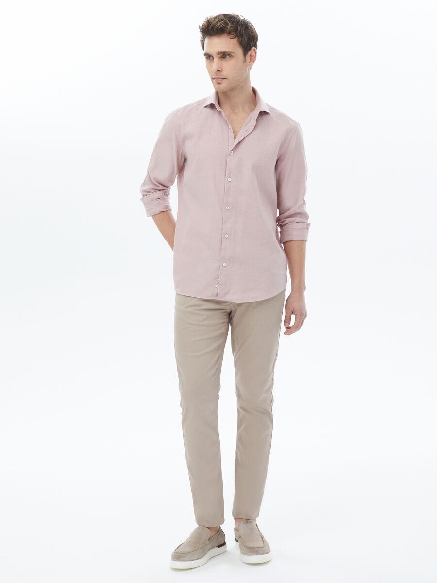 Pink Plain Regular Fit Weaving Casual Cotton Blended Shirt - 5