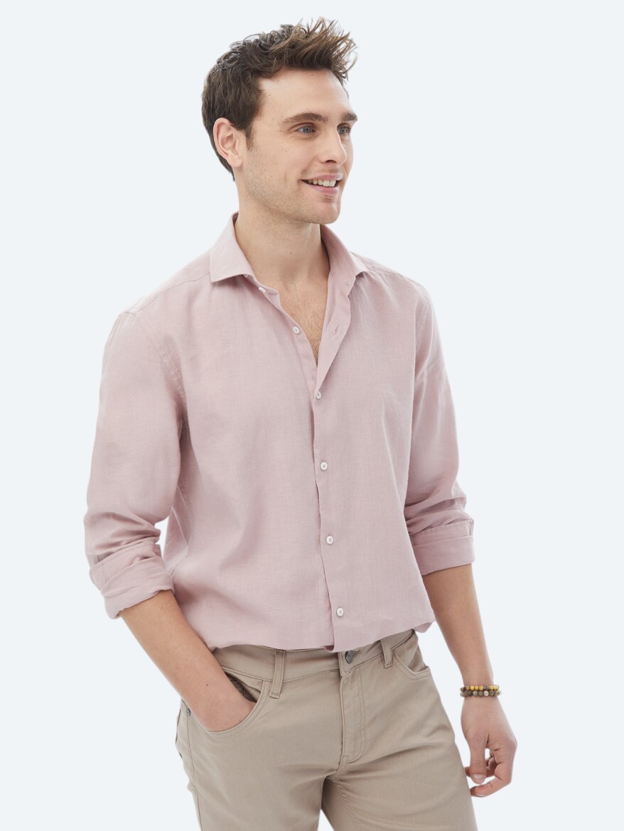 Pink Plain Regular Fit Weaving Casual Cotton Blended Shirt - 3