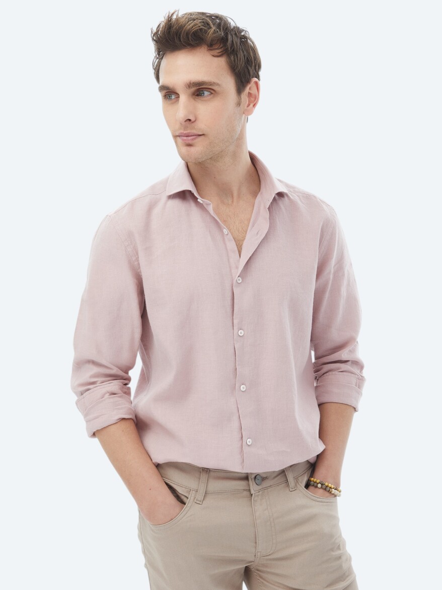 Pink Plain Regular Fit Weaving Casual Cotton Blended Shirt - 4