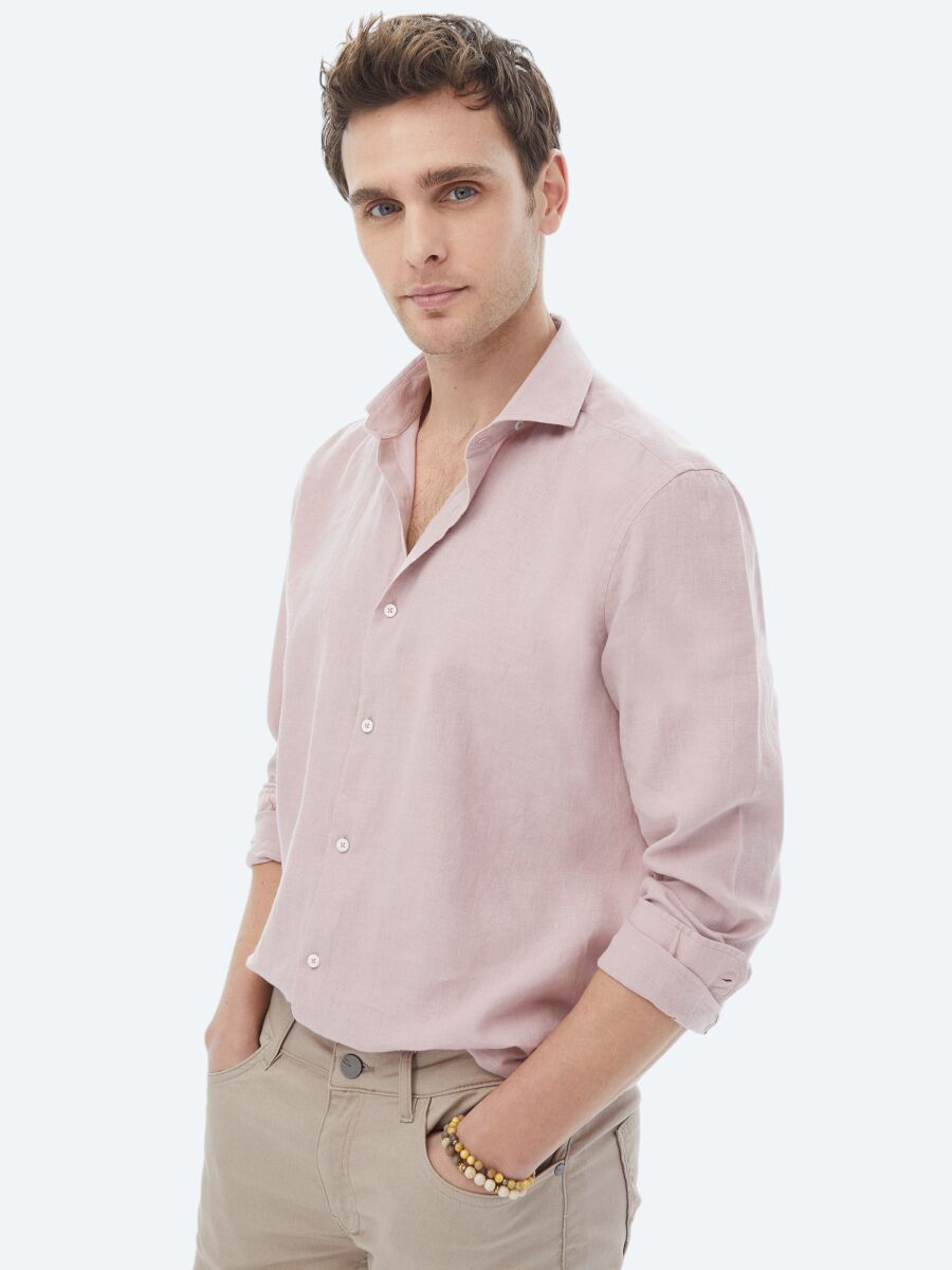 Pink Plain Regular Fit Weaving Casual Cotton Blended Shirt - 5