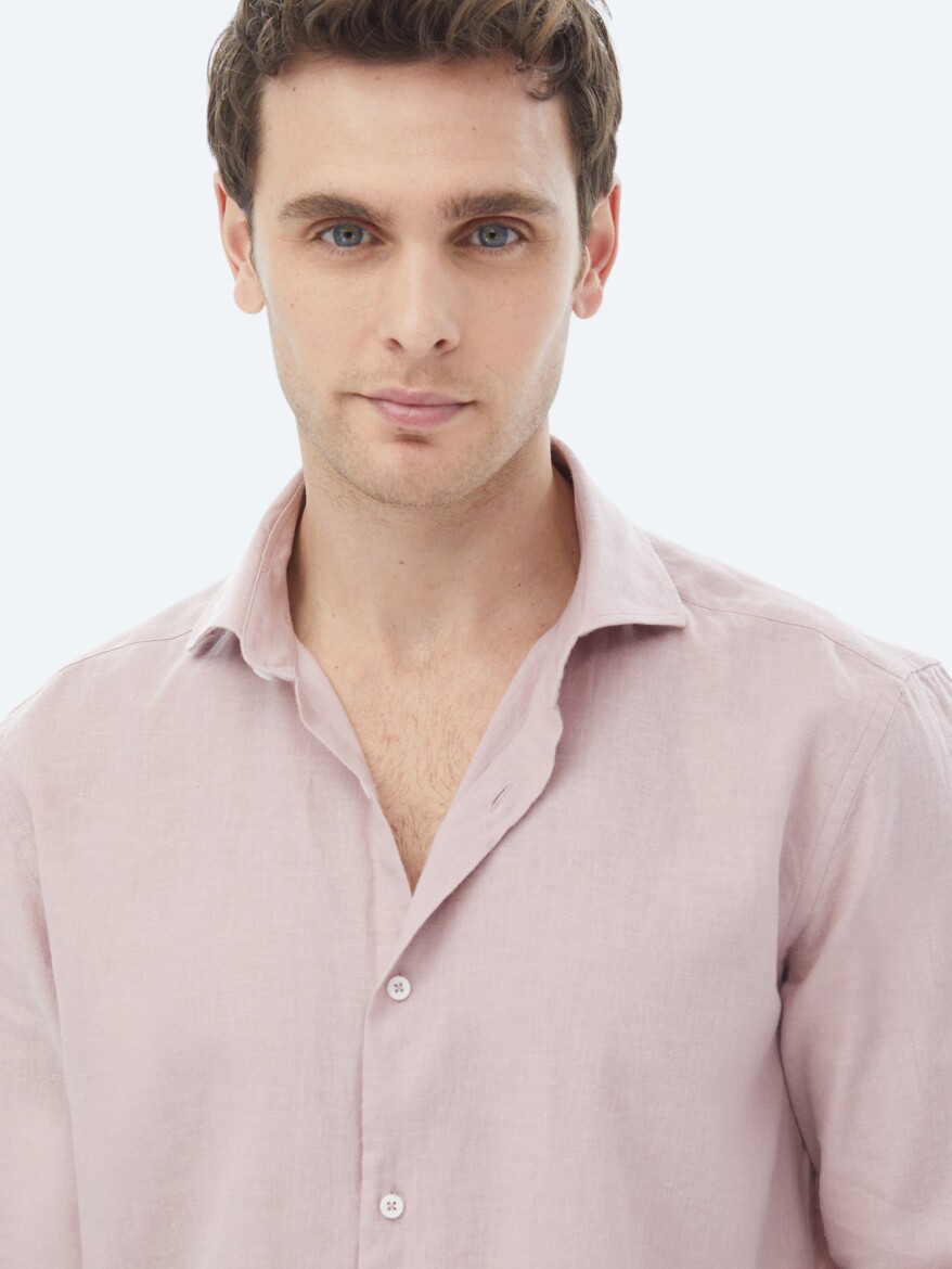 Pink Plain Regular Fit Weaving Casual Cotton Blended Shirt - 6