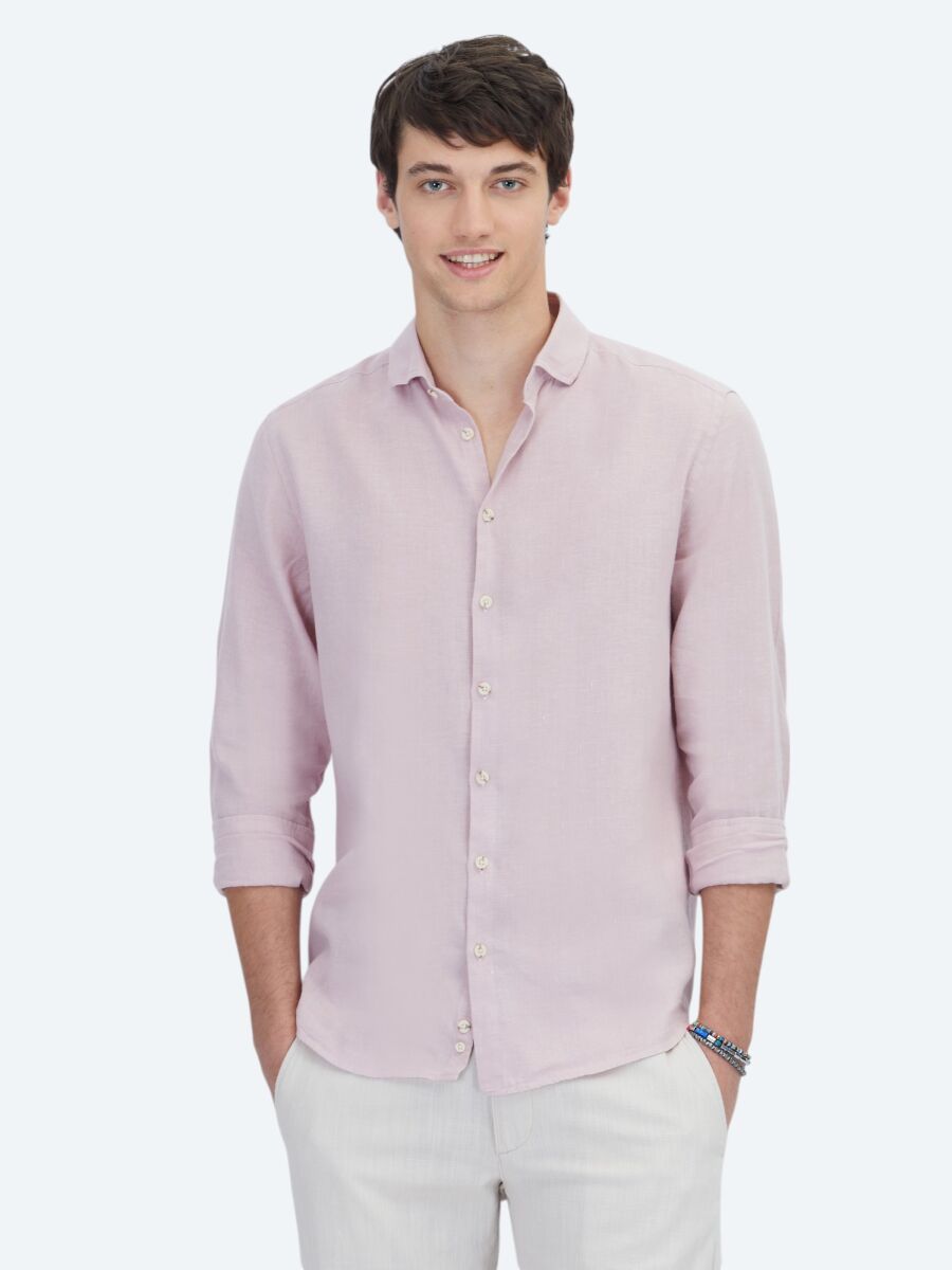 Pink Plain Regular Fit Weaving Casual Cotton Blended Shirt - 1