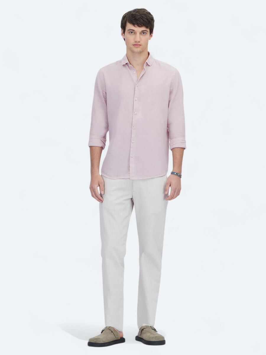 Pink Plain Regular Fit Weaving Casual Cotton Blended Shirt - 2