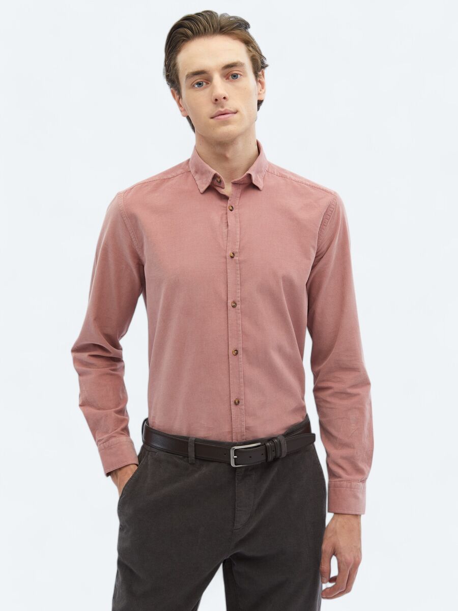 Pink Ribbed Regular Fit Long Weaving Casual 100% Cotton Shirt - 1