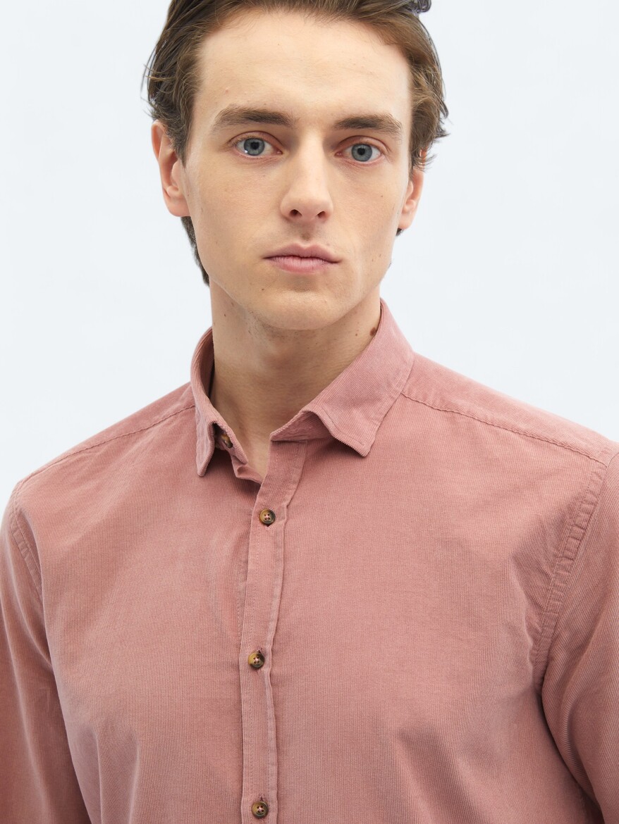 Pink Ribbed Regular Fit Long Weaving Casual 100% Cotton Shirt - 4