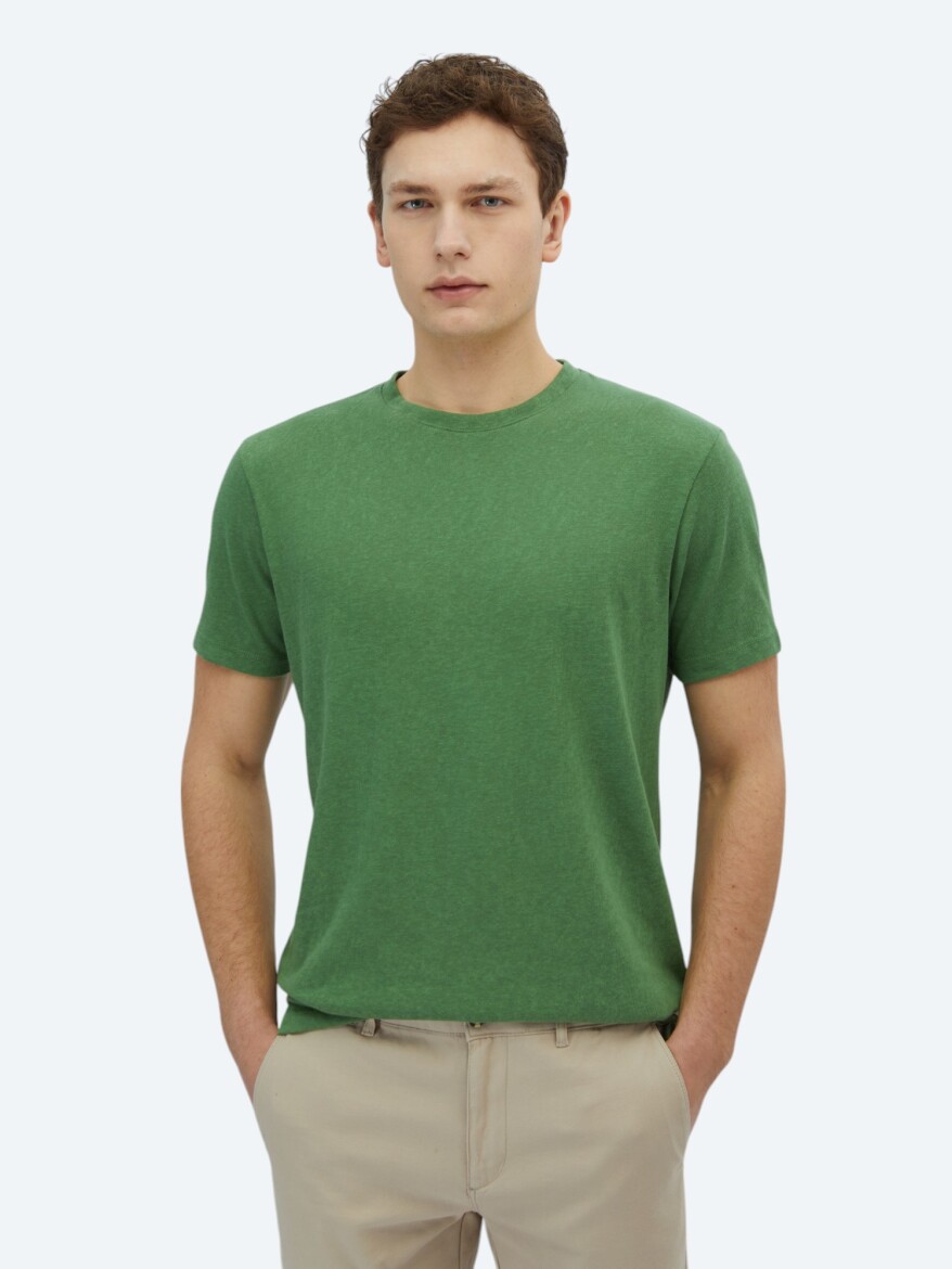 Pistachio Green Plain Crew Neck Cotton Blended T-Shirt 