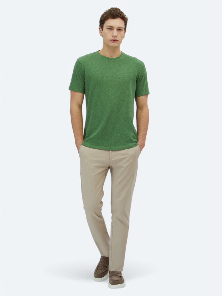 Pistachio Green Plain Crew Neck Cotton Blended T-Shirt - 2