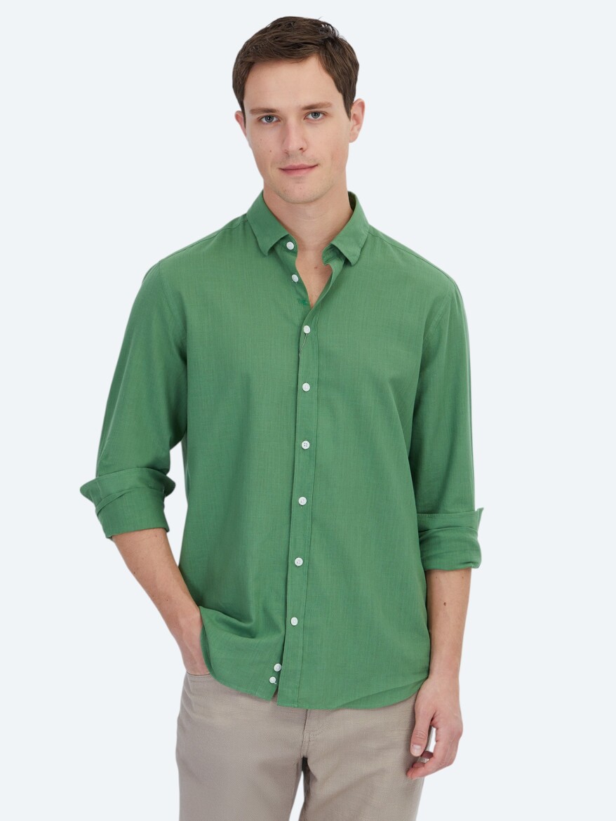 Pistachio Green Plain Regular Fit Long Weaving Casual 100% Cotton Shirt 