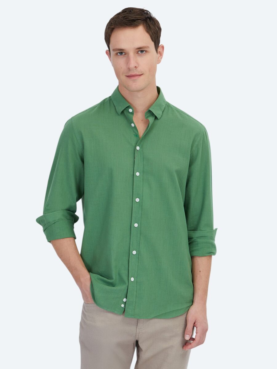 Pistachio Green Plain Regular Fit Long Weaving Casual 100% Cotton Shirt - 1