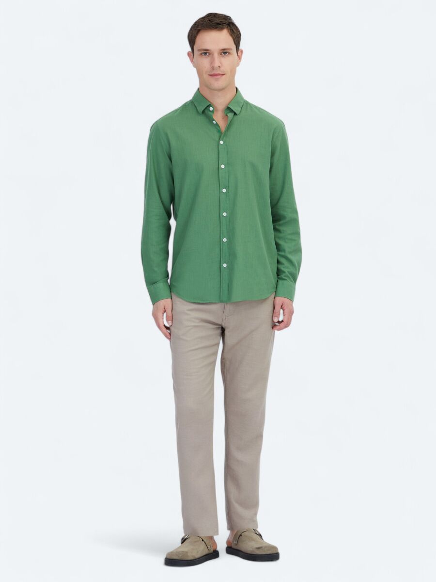 Pistachio Green Plain Regular Fit Long Weaving Casual 100% Cotton Shirt - 2