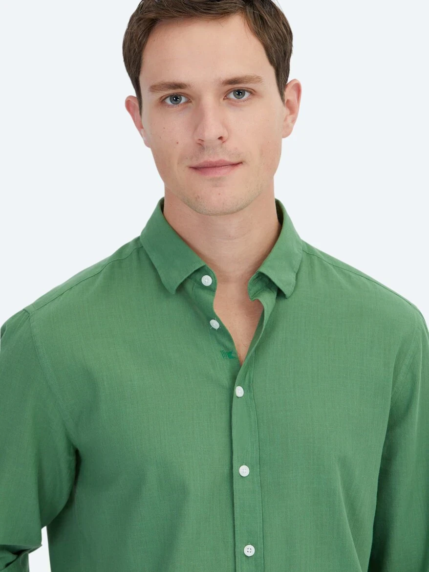 Pistachio Green Plain Regular Fit Weaving Casual 100% Cotton Shirt - 3